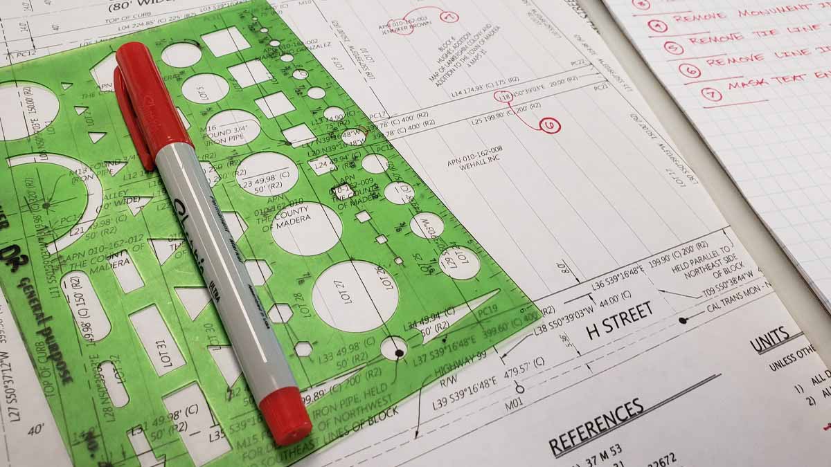 architect plans with a protractor and red pen