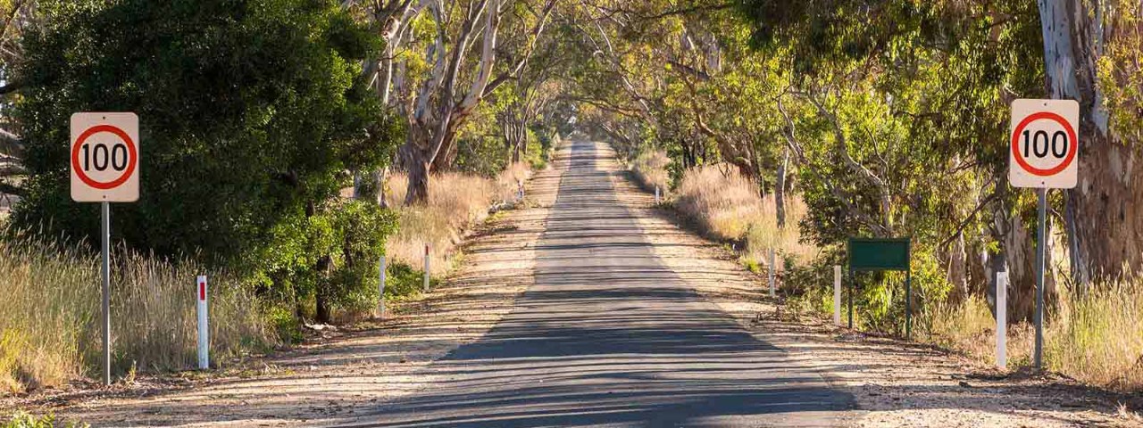 Empty country road with speed limit signs