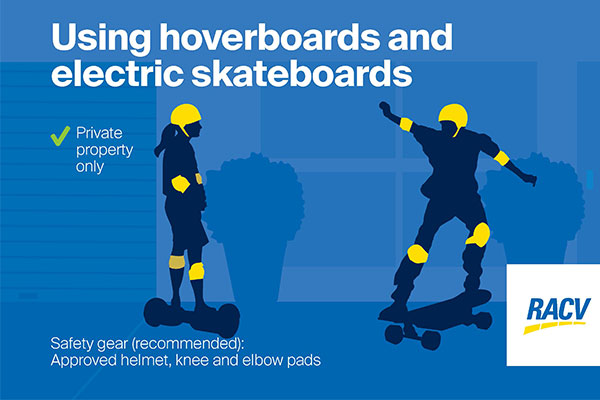 Infographic depicting rules and safety equipment for using hoverboards and electric skateboards.