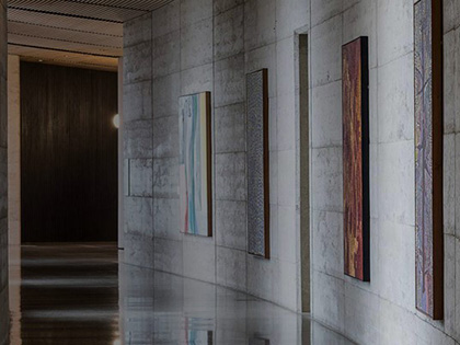 Artworks hung on walls along a hallway at the RACV Torquay Resort.