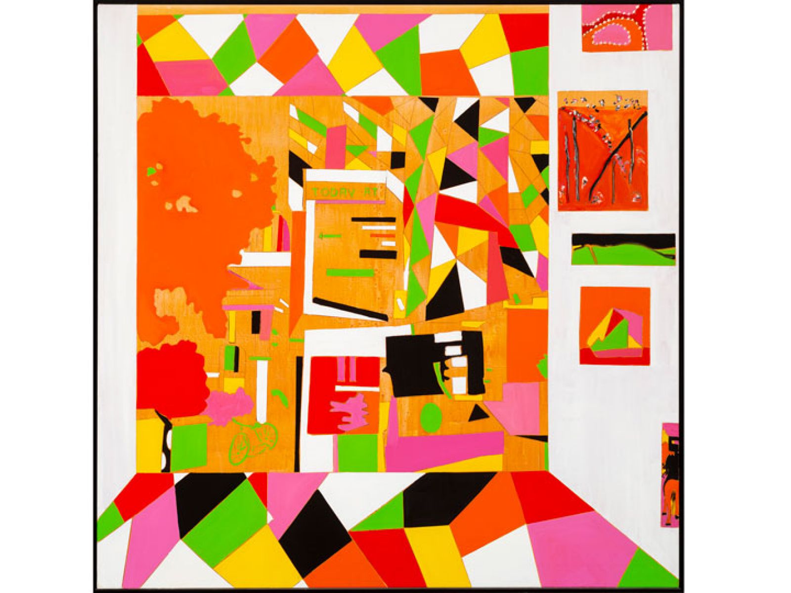 Pink, orange, green, black and white triangular shapes made into a colourful abstract artwork.