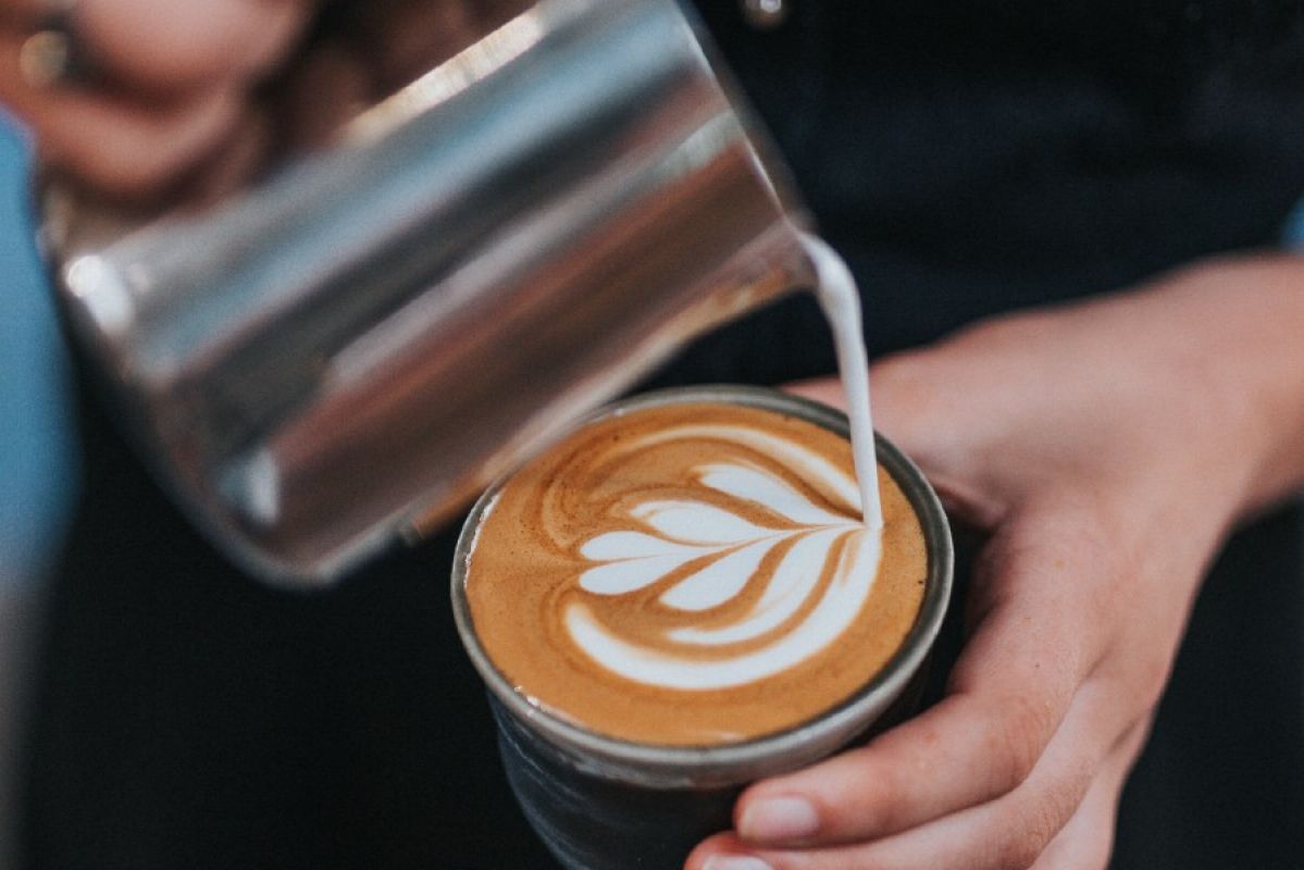 barista pouring frothed milk into a coffee cup