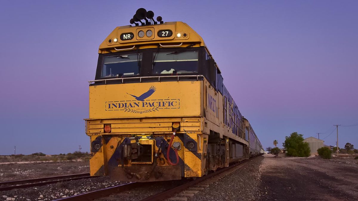 Front view of Indian Pacific at night