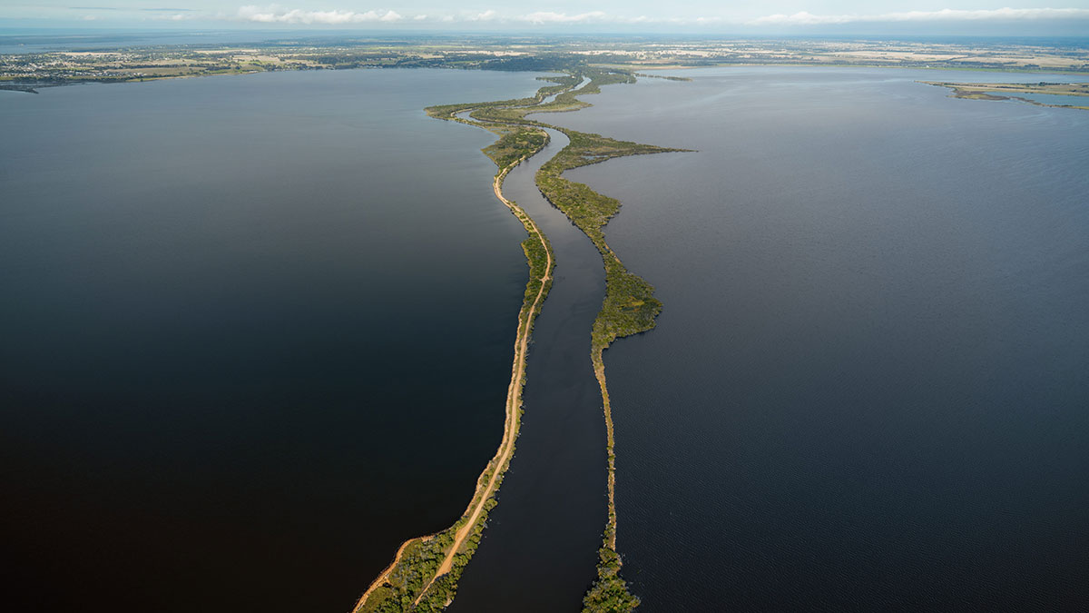 Aerial view of Mitchell River silt jetties