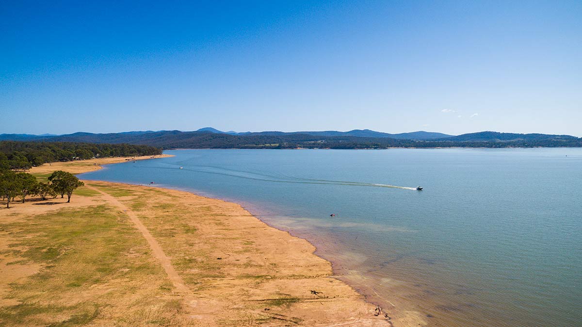 Aerial view of lone boat on Lake Glenmaggie