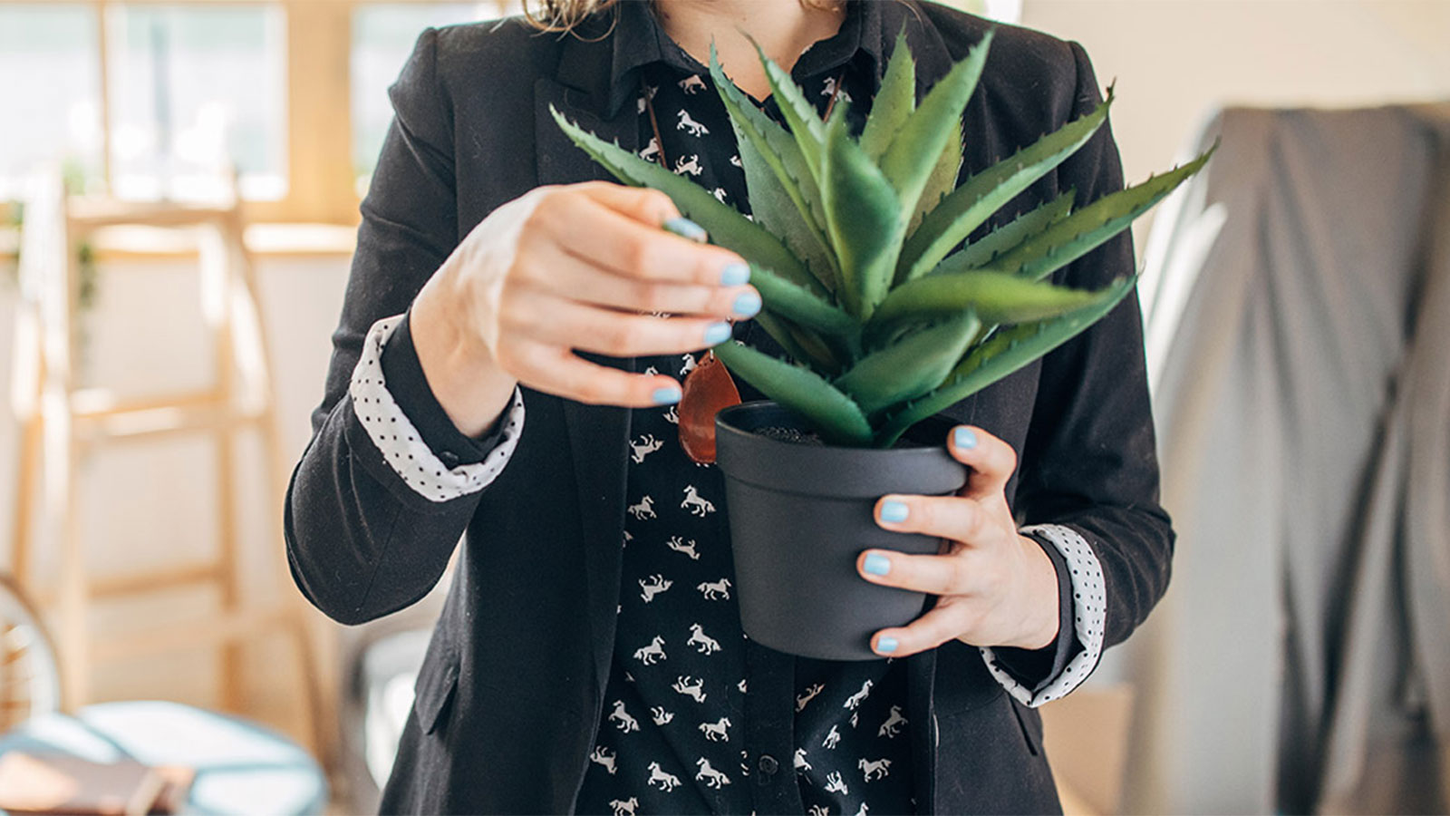 Woman in a black blazer holding a green pot plant indoors
