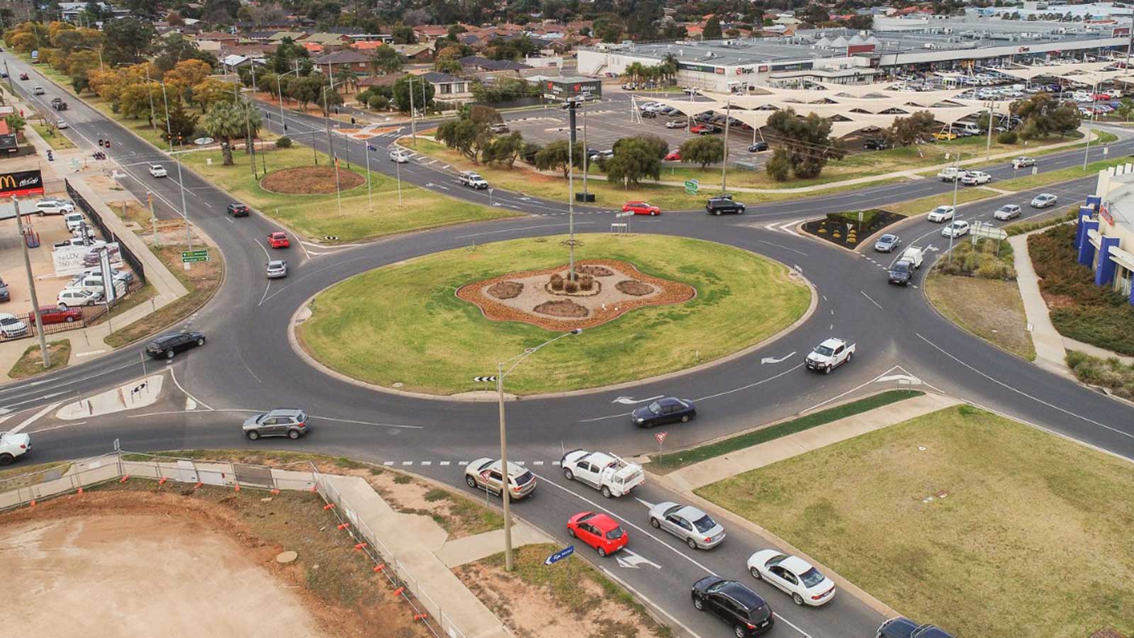 Aerial view of a large roundabout.