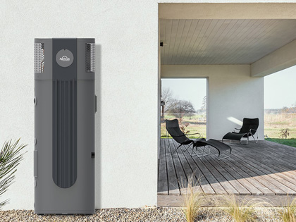 An apricus all in one heat pump attached to an external wall.