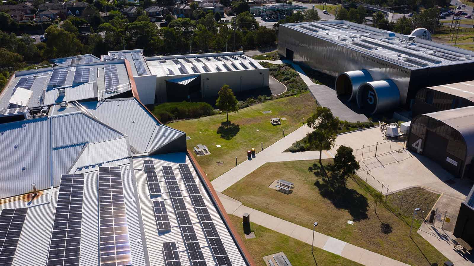 Aerial view of solar panels fitted on Holmesglen Chadstone campus