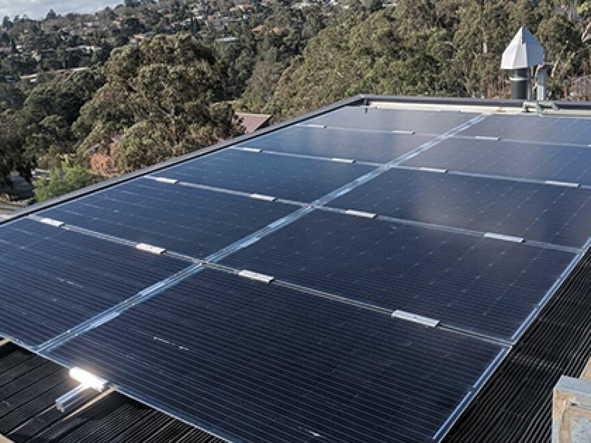 Aerial view of solar panels on the roof of Mitch King's house in Kew.