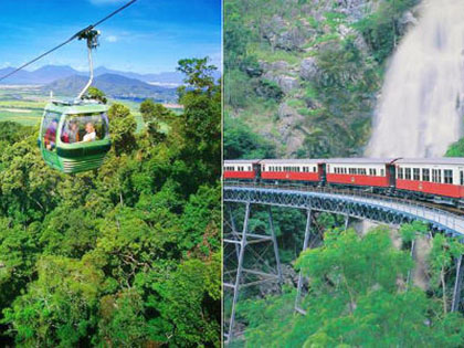 Split image, showing the Kuranda Scenic Railway on the right and the Skyrail Rainforest Cableway on the left.