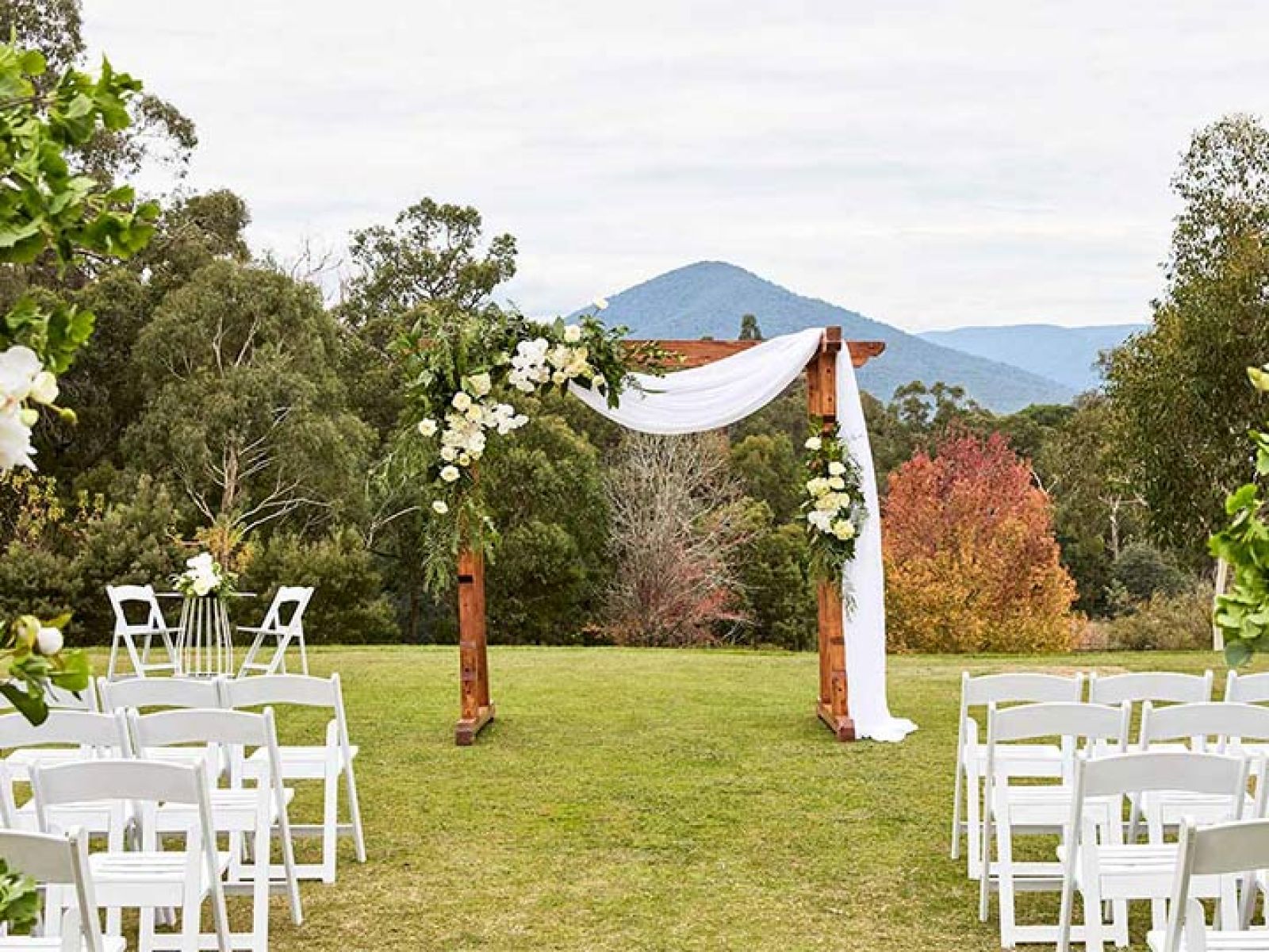 Outdoor wedding ceremony set up with arbour at the Healesville Country Club and Resort.