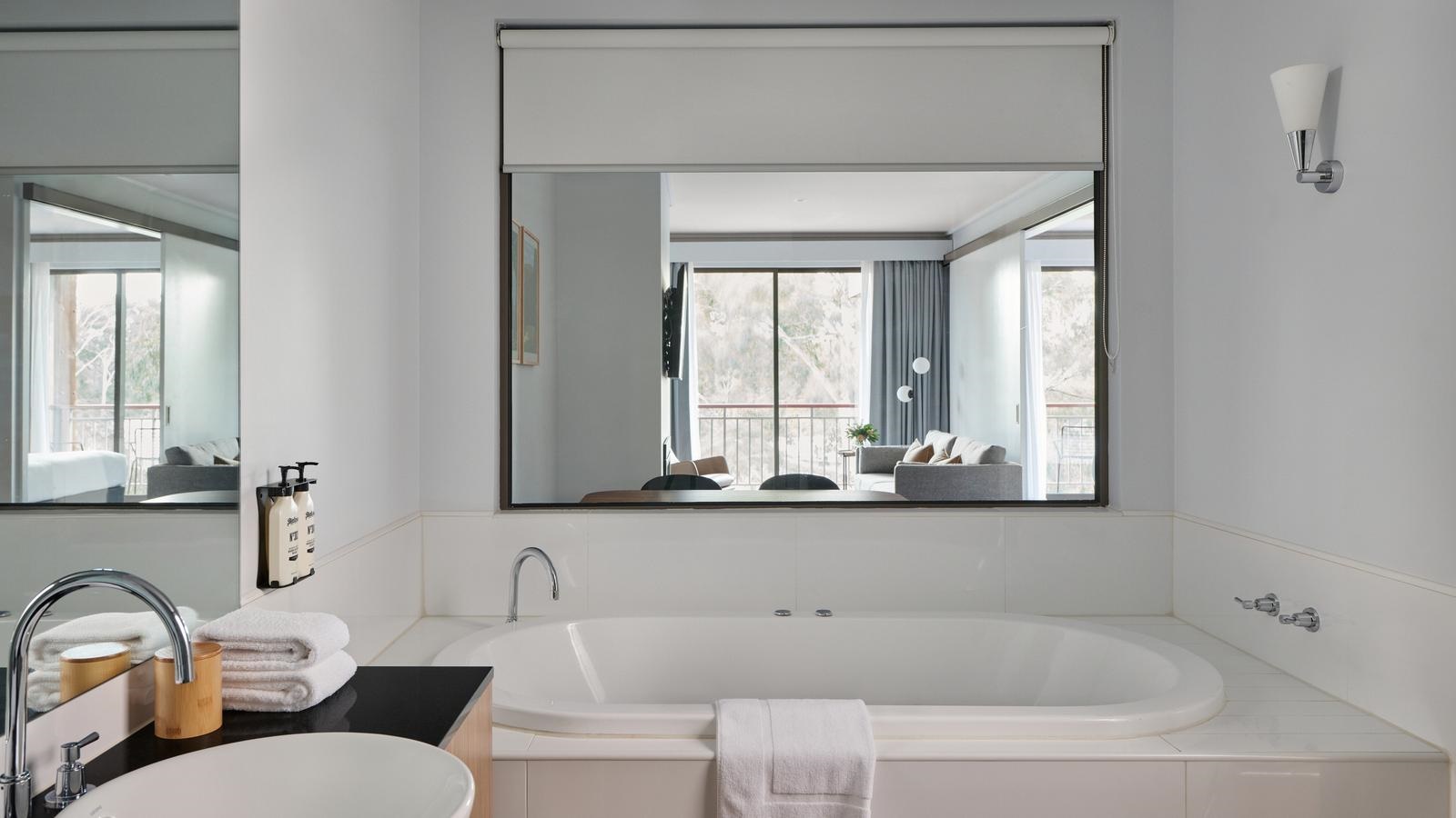 An interior view of one bathroom in the 2 bedroom, 2 bathroom Goldfields suite.