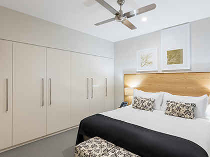 Noosa Resorts one bedroom sanctuary apartment complete with modern furnishings and spacious king size bed.