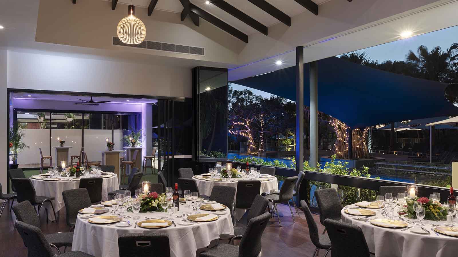 RACV Noosa Resort ballroom set up for an intimate dinner.