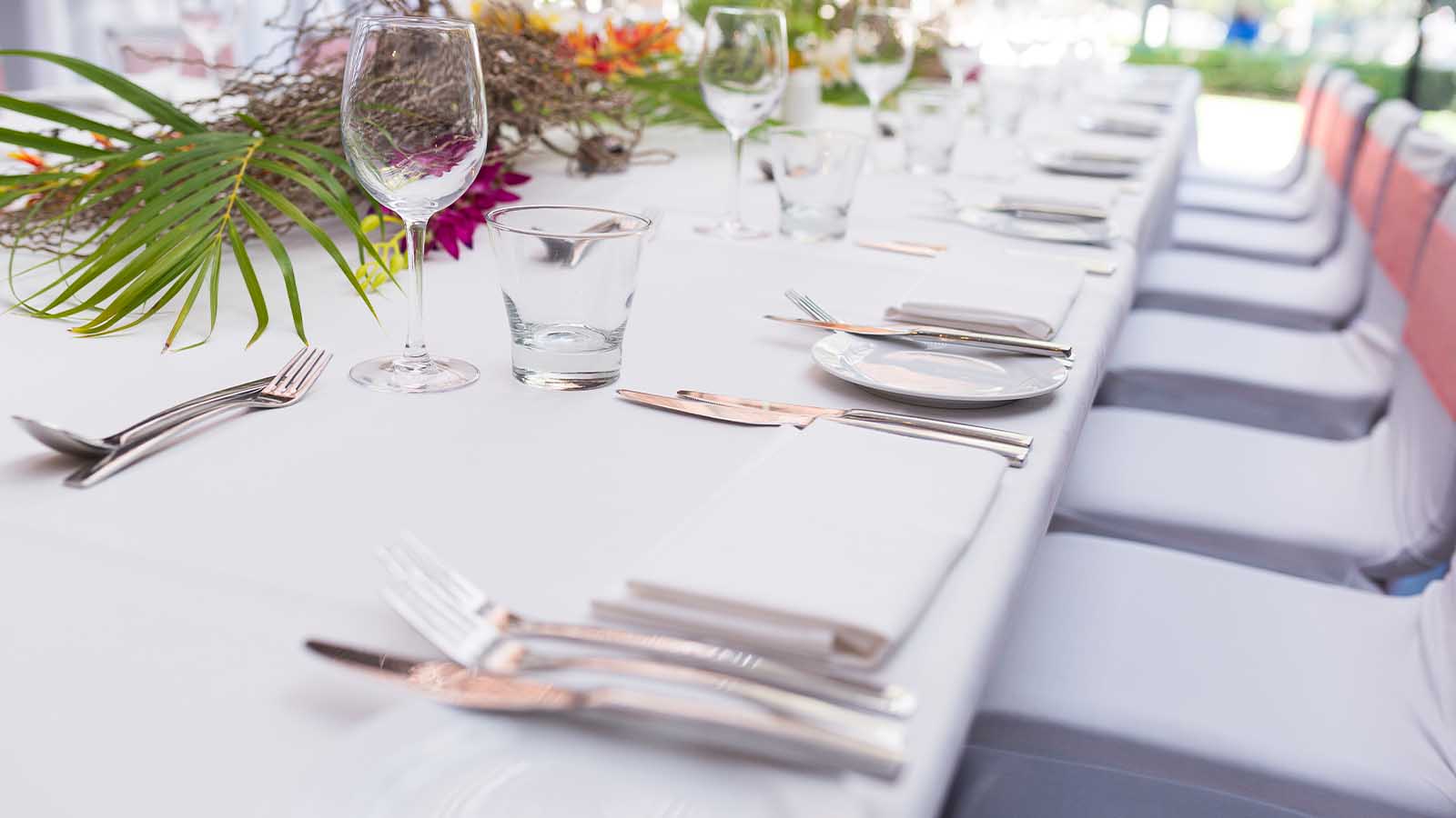 Closeup of a table setting including glassware and cutlery at Noosa Resort.