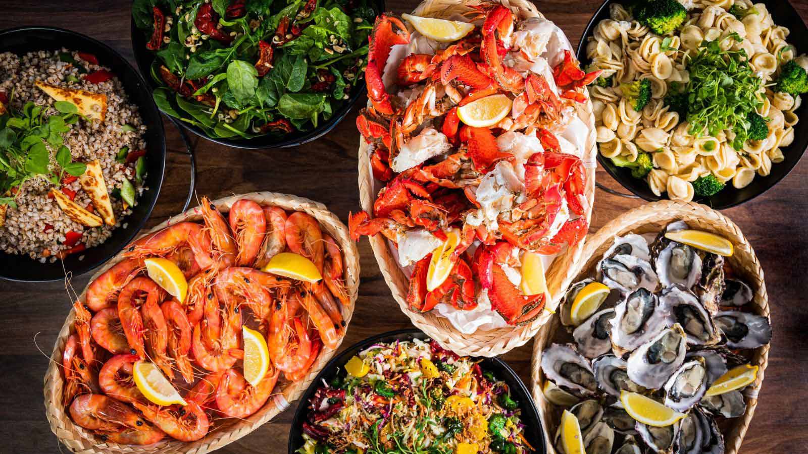 An array of seafood dishes presented for Christmas lunch.