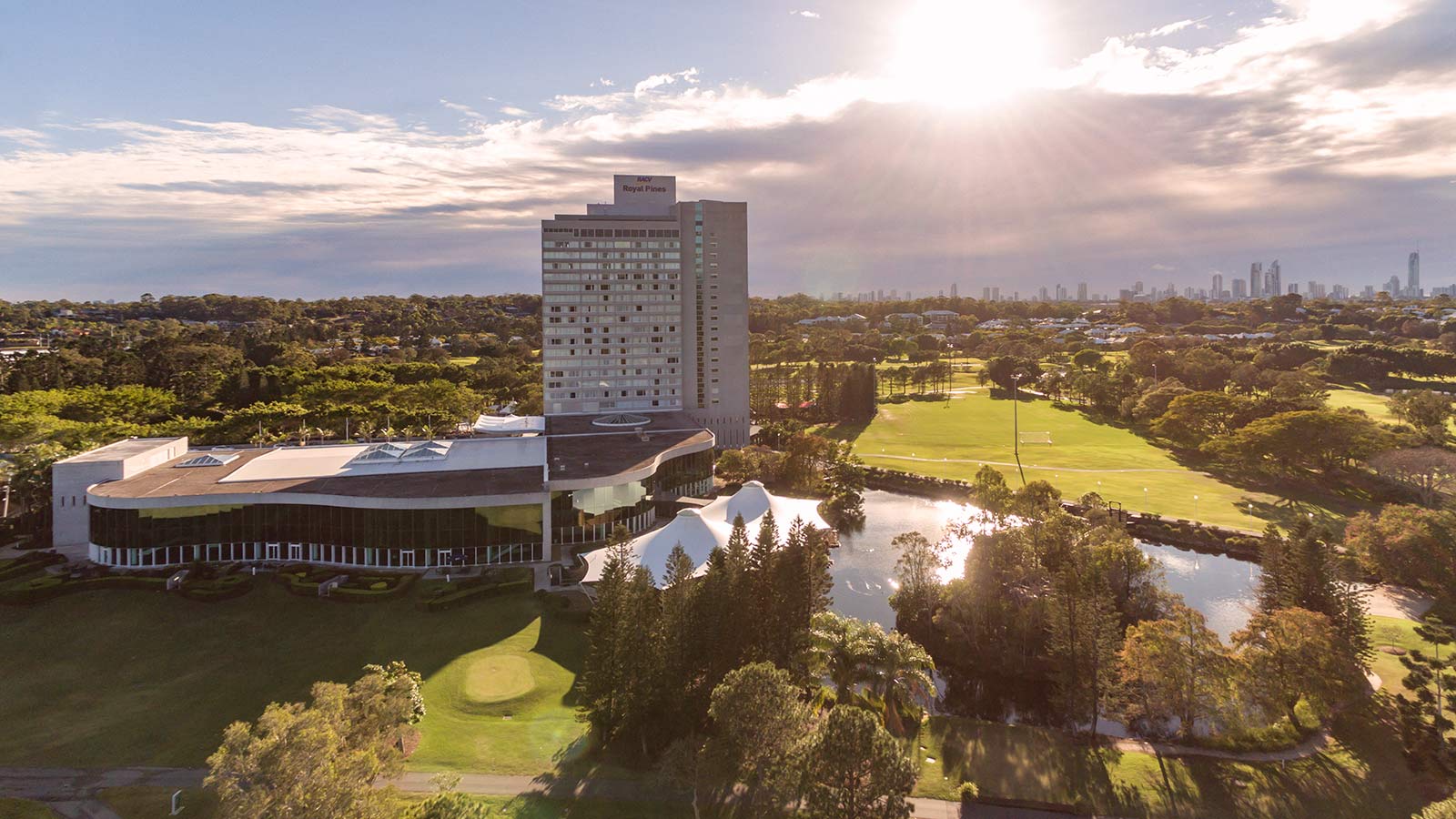 Sun shining over RACV Royal Pines Resort.