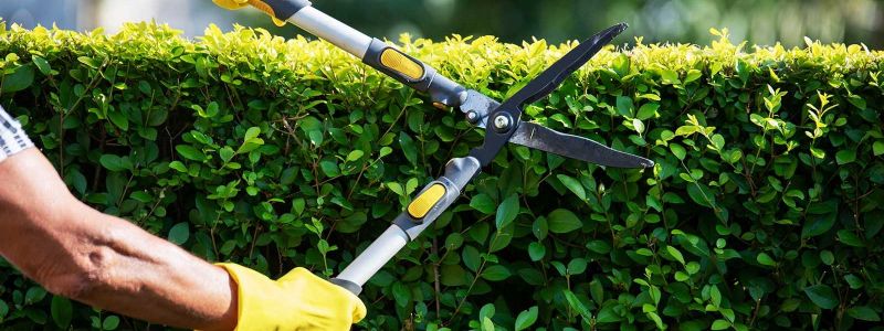 person with yellow gloves using garden shears on a hedge