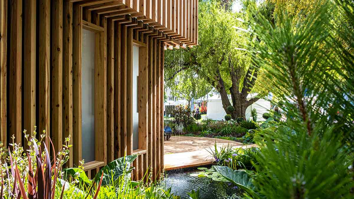 timber house with water feature