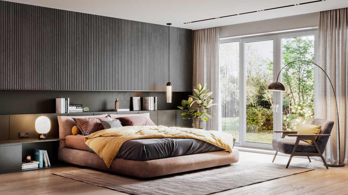 Bedroom with floor to ceiling windows