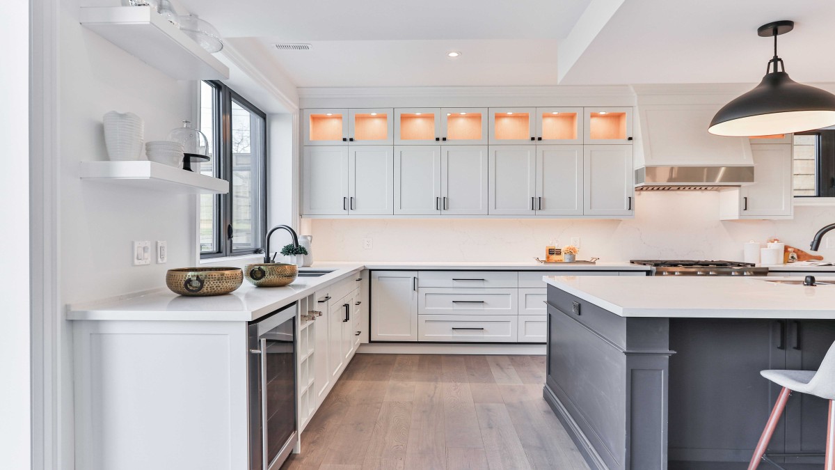 Kitchen with dark fixtures and tapware