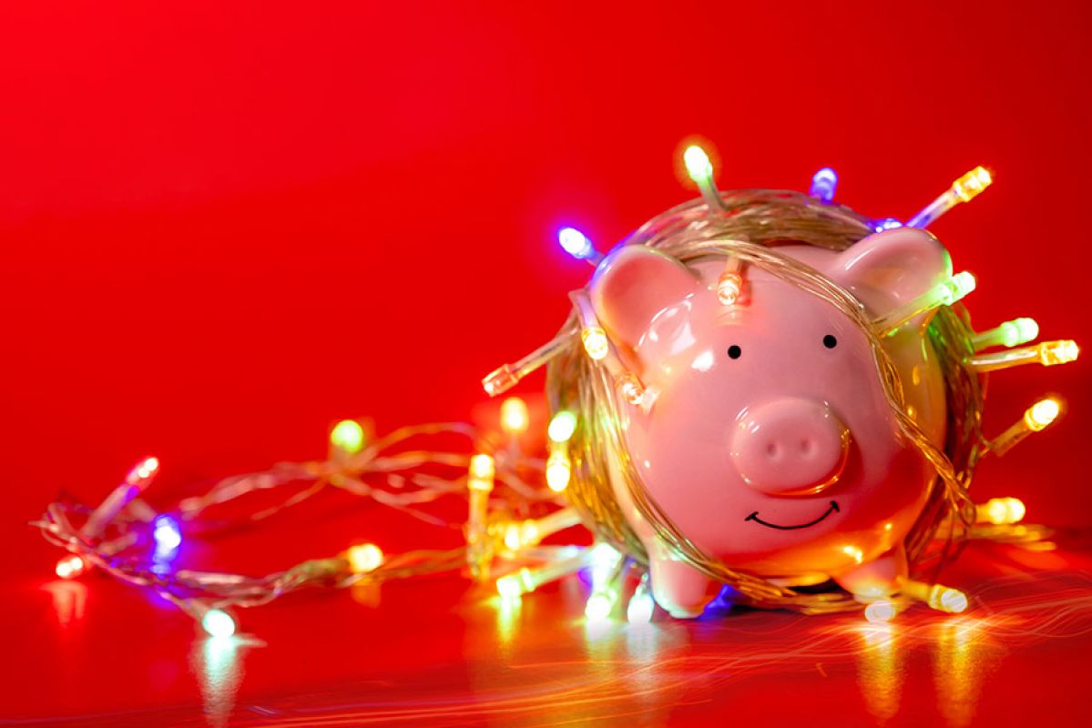 A piggy bank covered in glittering Christmas lights