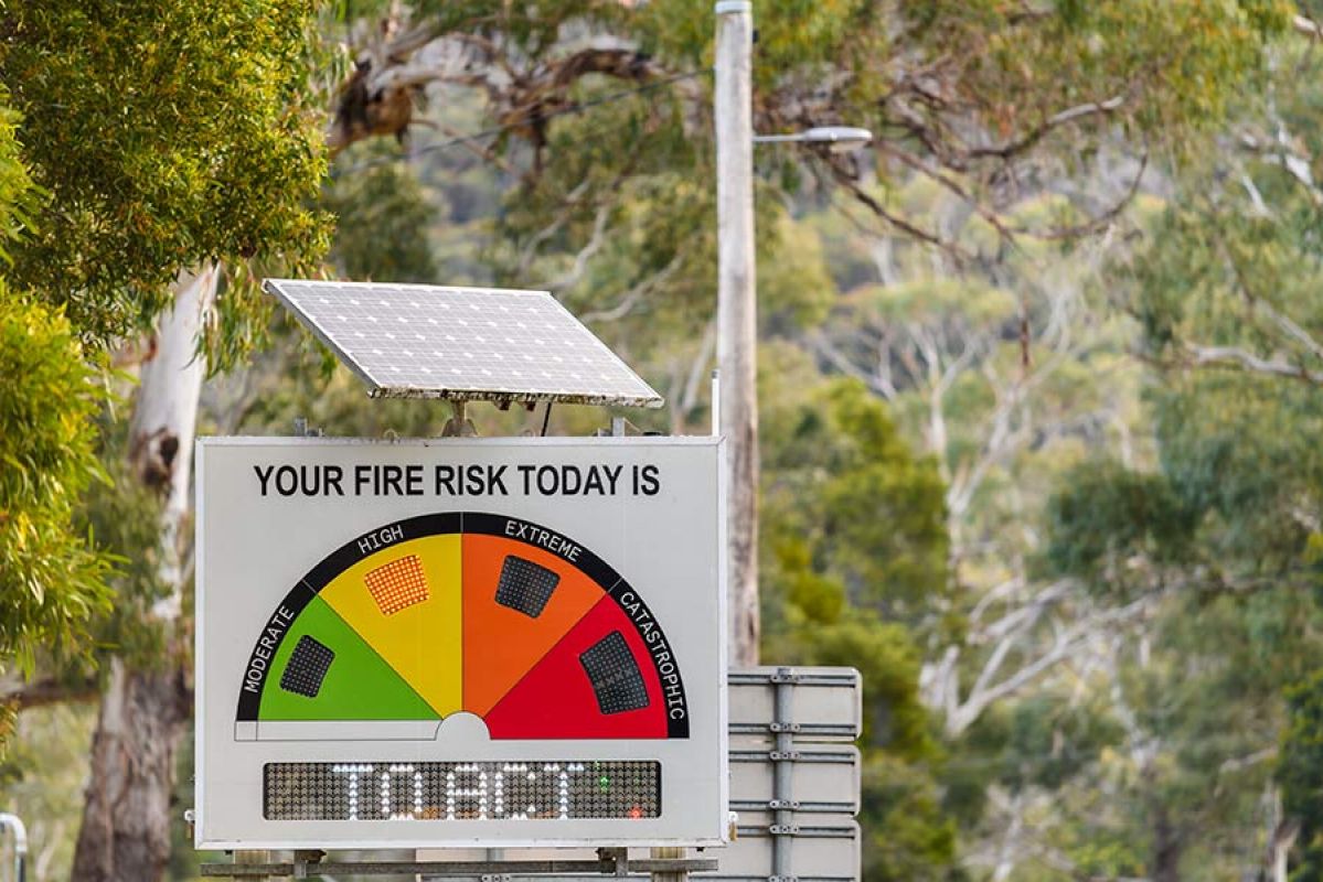 Fire Danger Rating road sign in bush woodland area