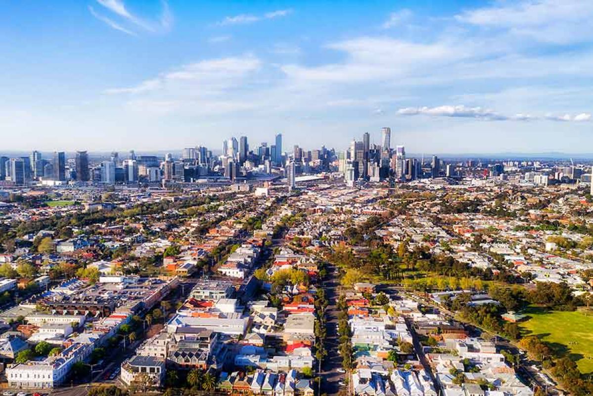 View of Melbourne city skyline from the sky