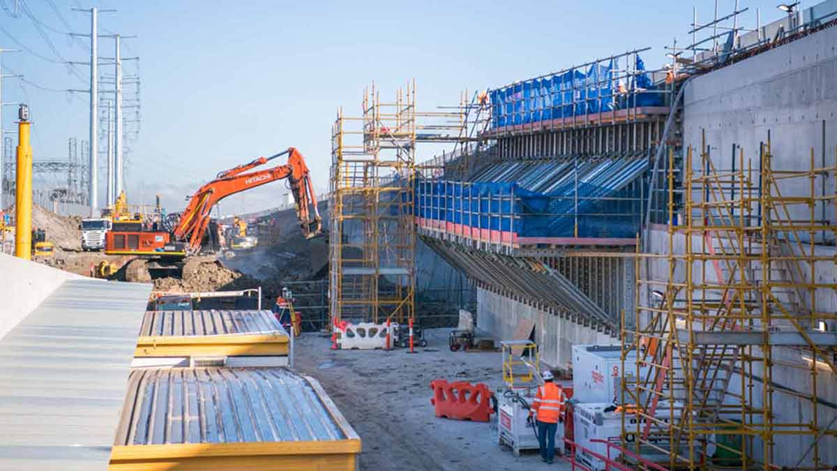 The West Gate Tunnel's construction site: view of the exit portal near Brooklyn and the Newport rail line