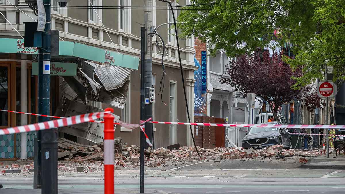 Bricks and debris on the street after an earthquake