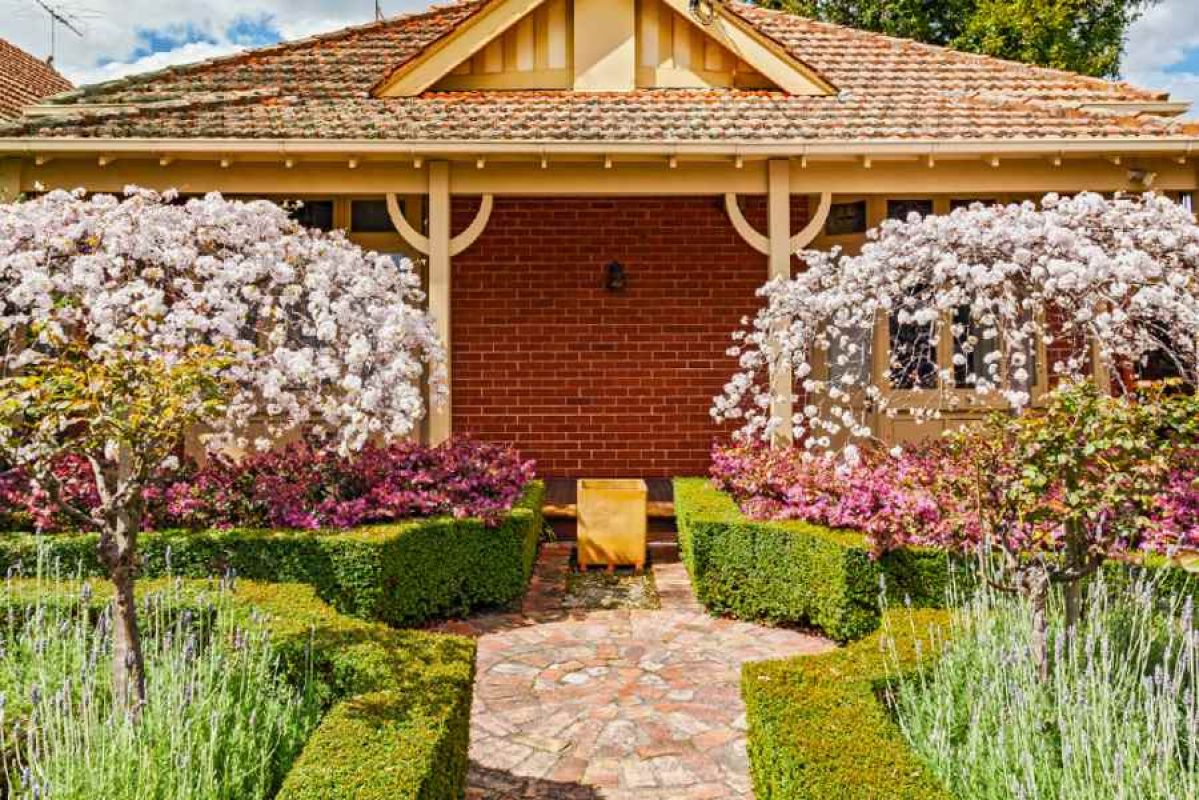 A landscaped garden featuring ornamental trees, a paved path and hedges