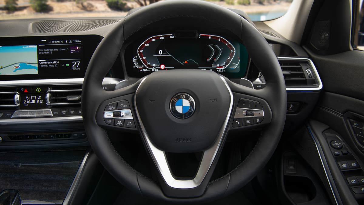 A BMW 330i M Sport sedan's steering wheel