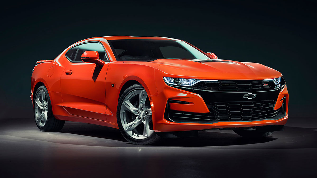 front view of an orange 2019 Chevrolet Camaro 