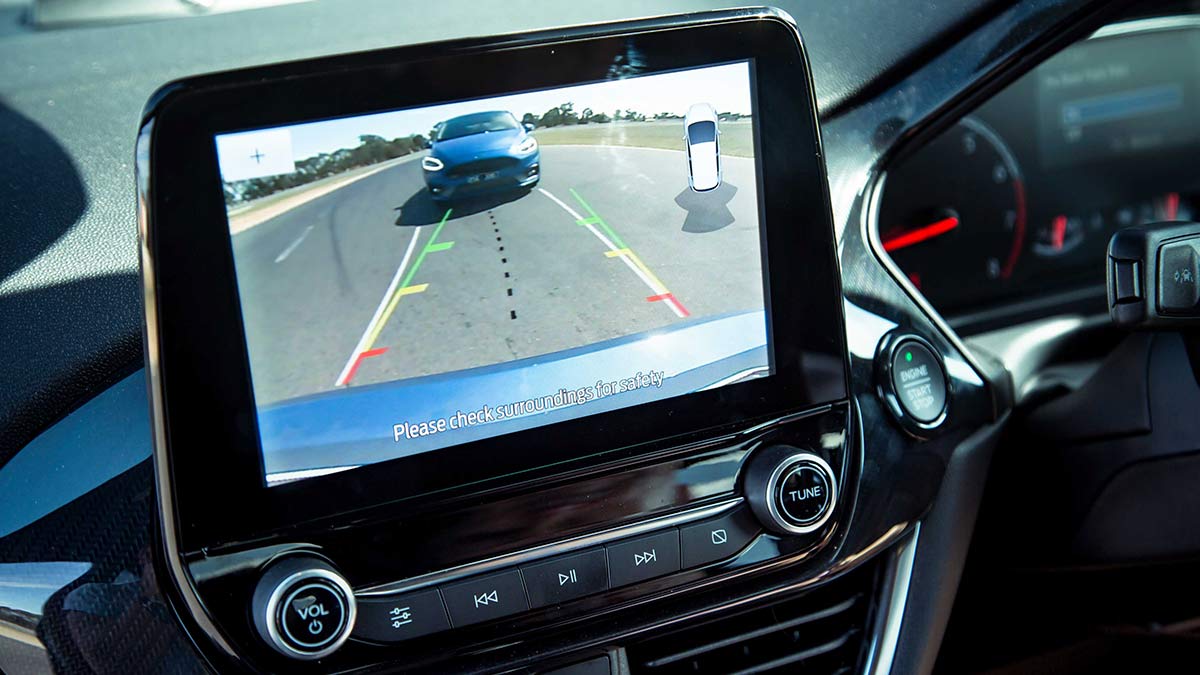 Screen inside a Ford Fiesta ST 2020 car showing footage from the rear camera