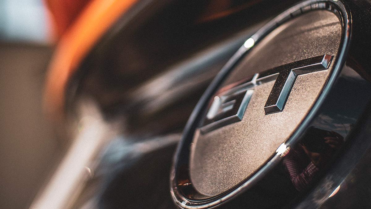 The GT logo on the rear of a Ford Mustang