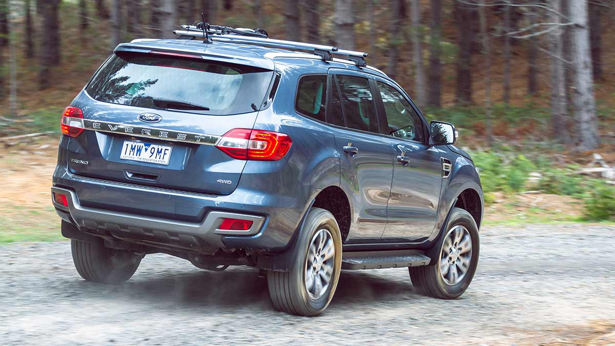 Rear side view of a blue Ford Everest Trend driving on a curved road