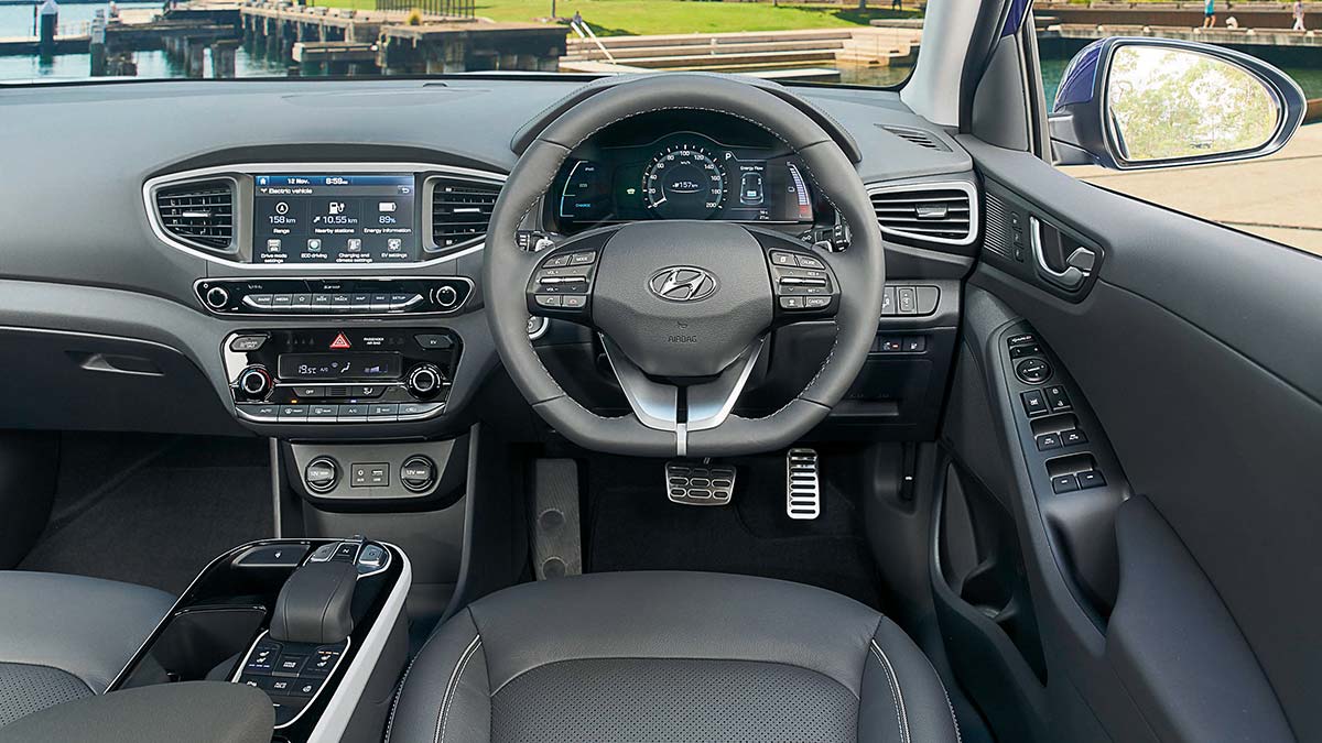 Grey interior of the Hyundai Ioniq 2019 car showing the steering wheel and centre console