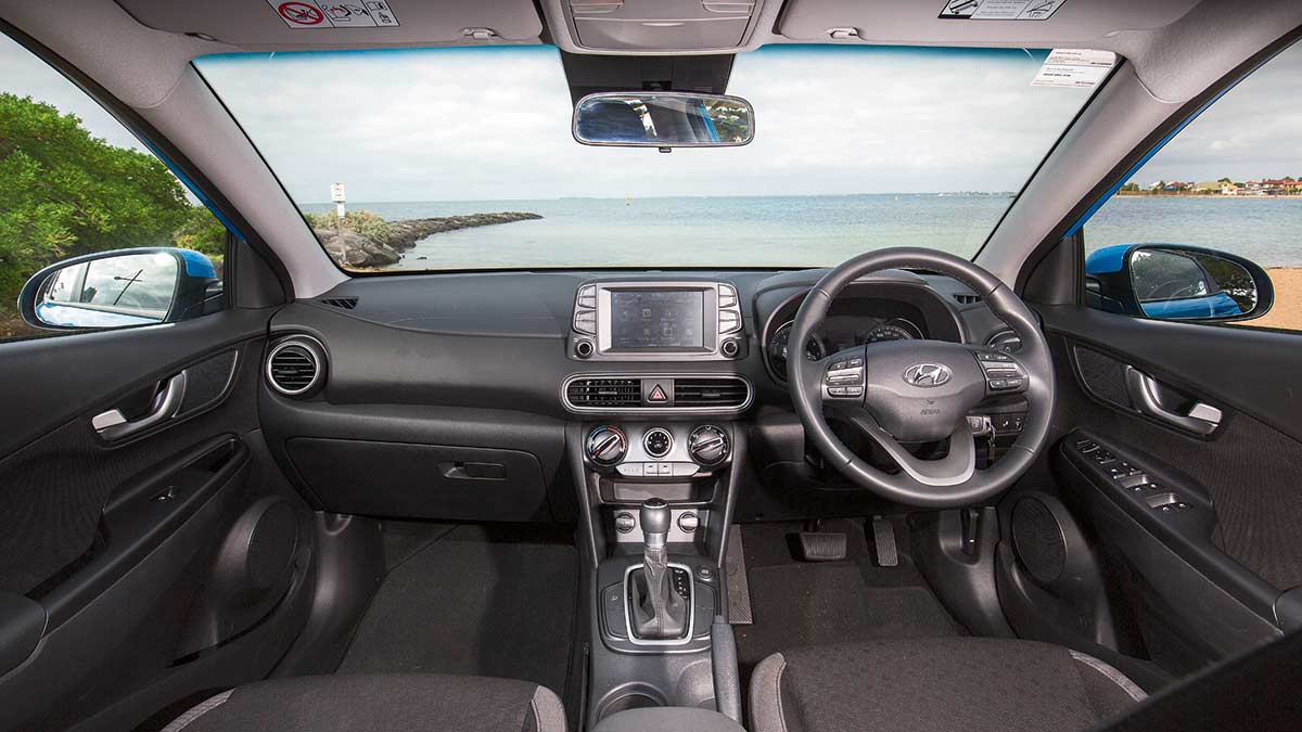 The Hyundai Kona Active's dash layout and steering wheel