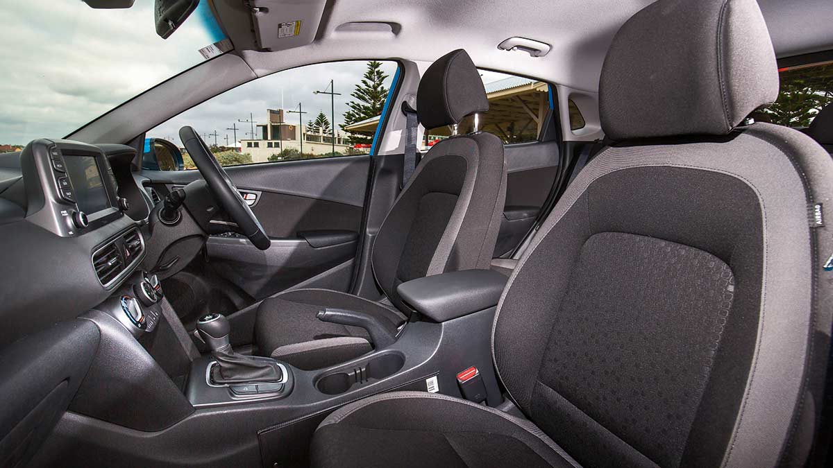 The Hyundai Kona Active's front seats and dash layout