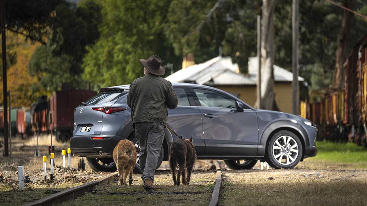 A man with two dogs walking towards a grey Mazda CX-30 parked over a disused train track