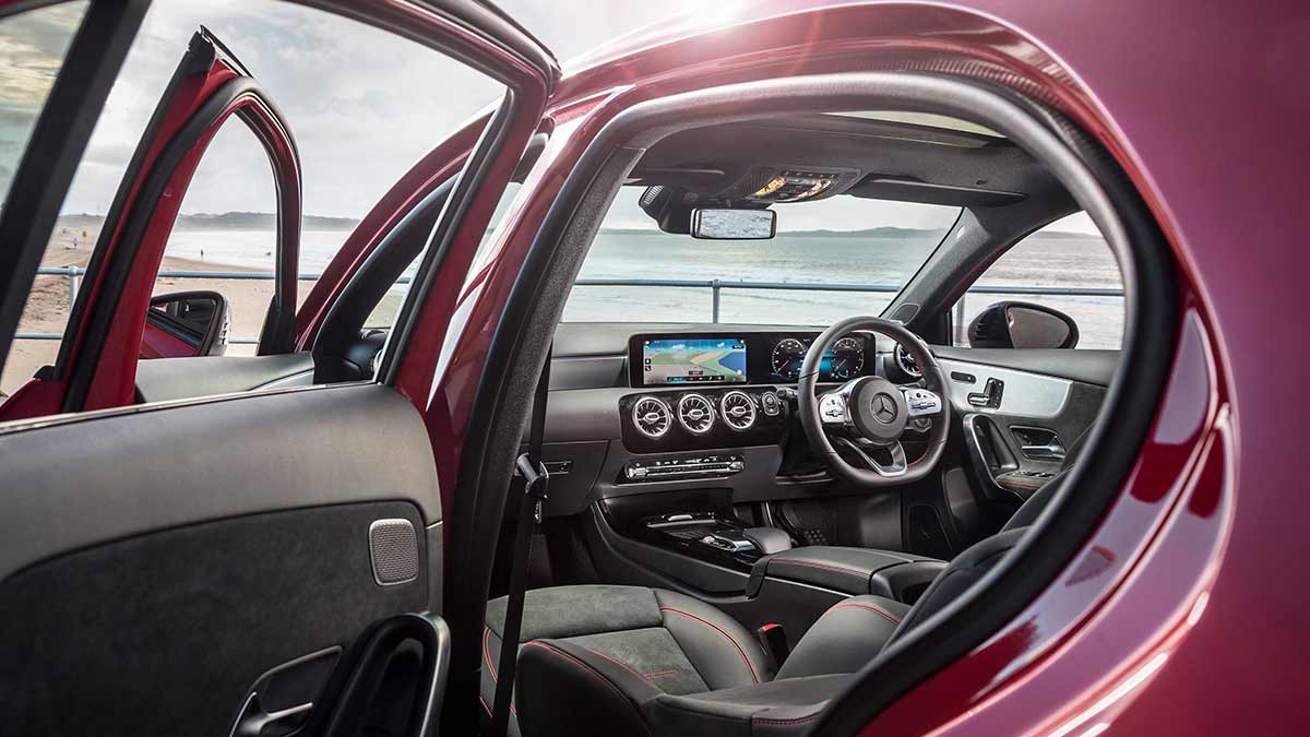 The Mercedes-Benz A250 4Matic's front seats, dash layout and steering wheel