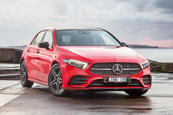  Red Mercedes-Benz A250 4Matic parked beside the sea
