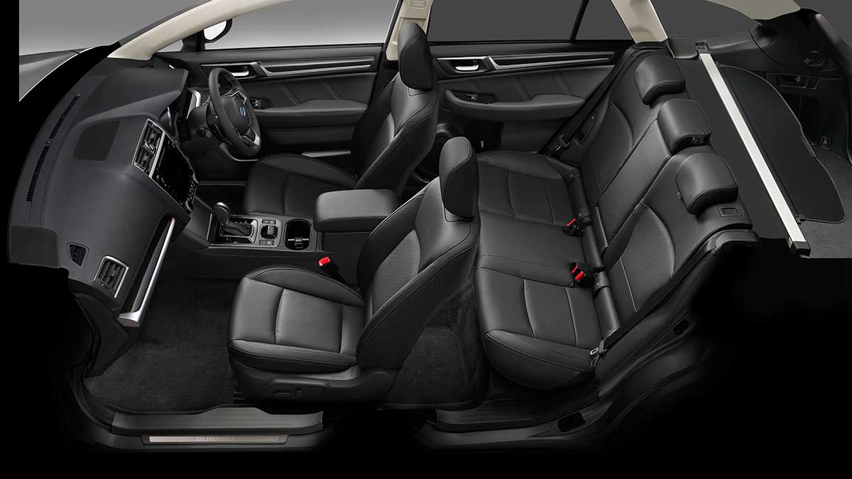 Full view of the Subaru Outback's interior features: the dash layout, steering wheel and front and back seats that recline