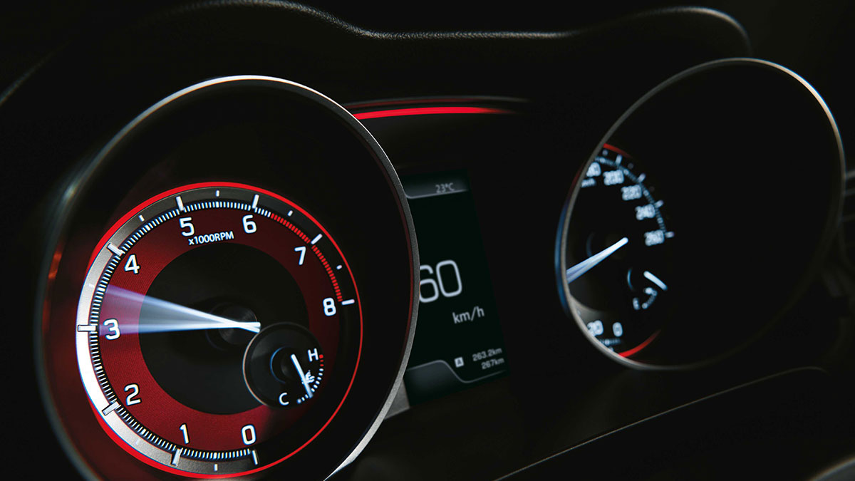 Close up of the instrument panel inside the Suzuki Swift Sport 2020