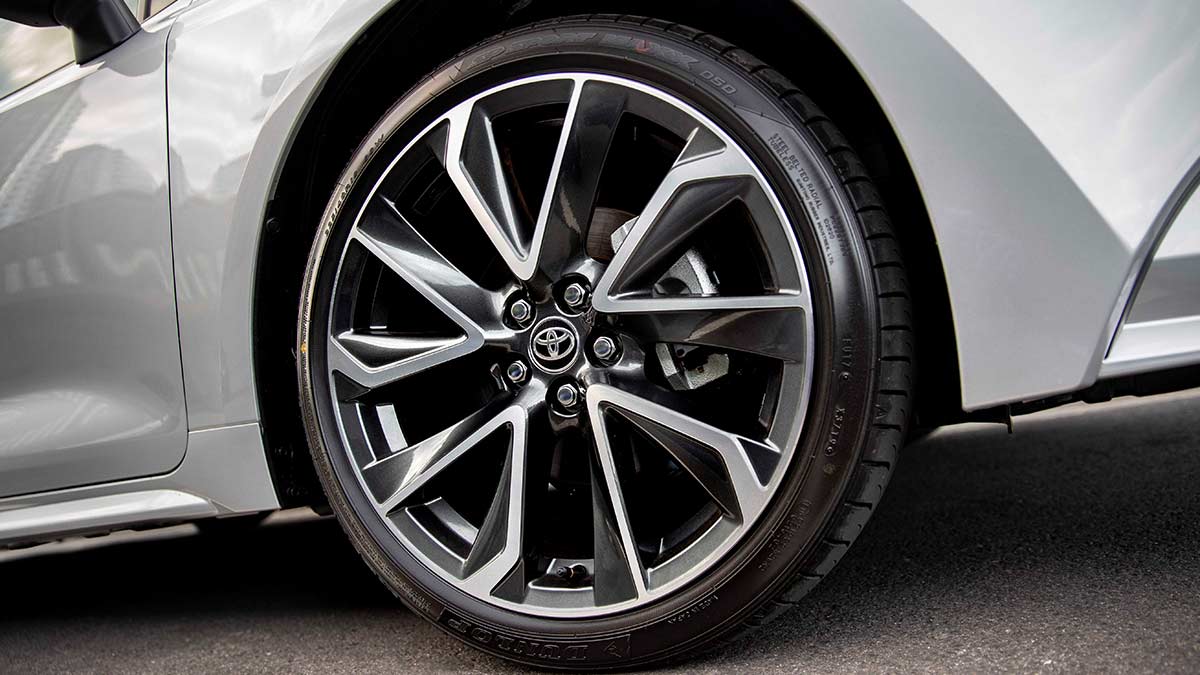 Close up of a wheel of a silver 2019 Toyota Corolla