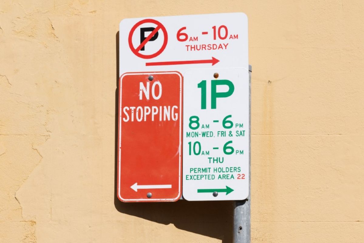 A parking sign with multiple parking conditions against a yellow wall