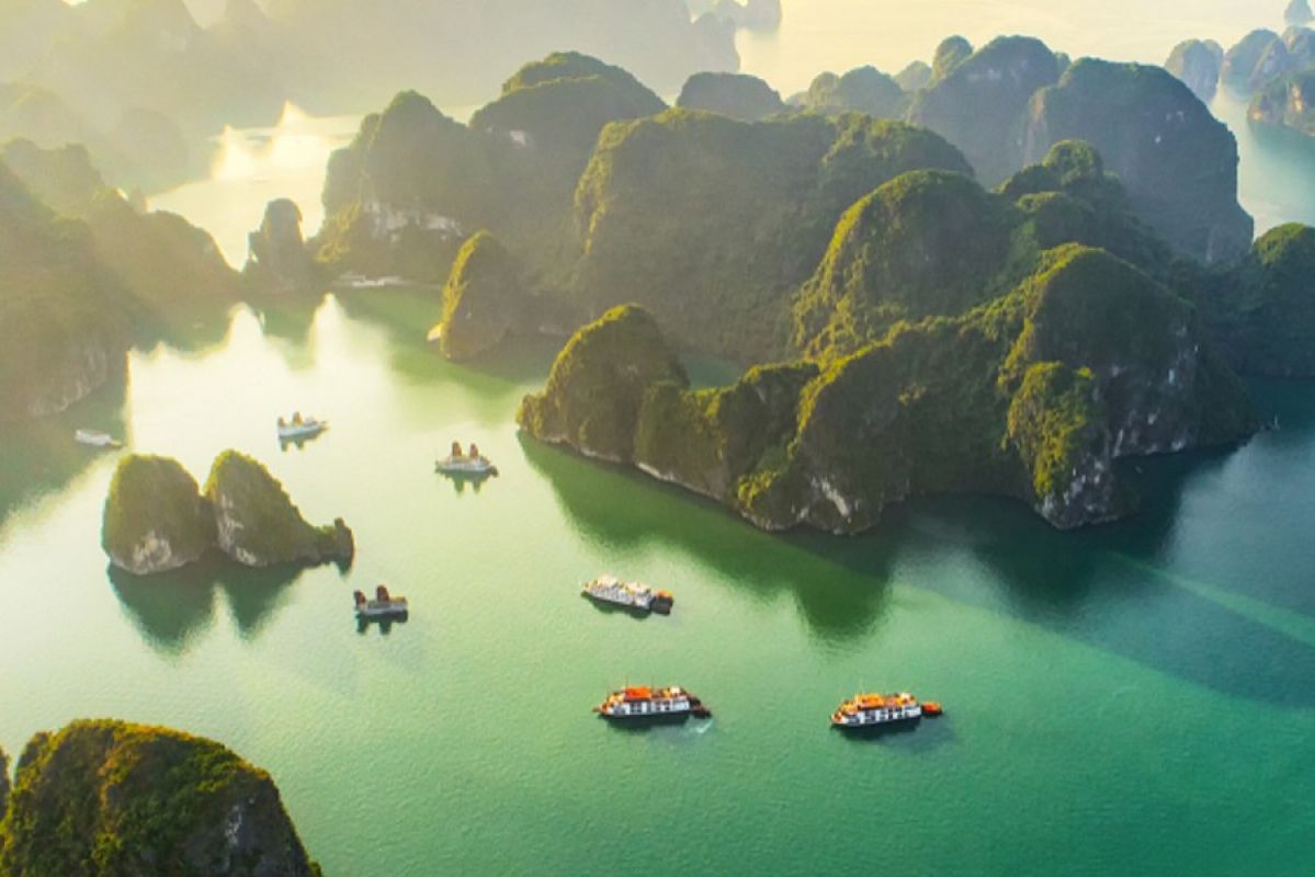 Boats dotting the waters of Halong Bay, Vietnam