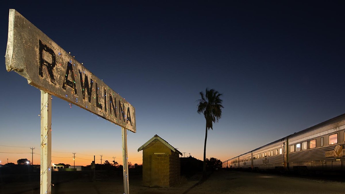 Rawlinna station sign at night