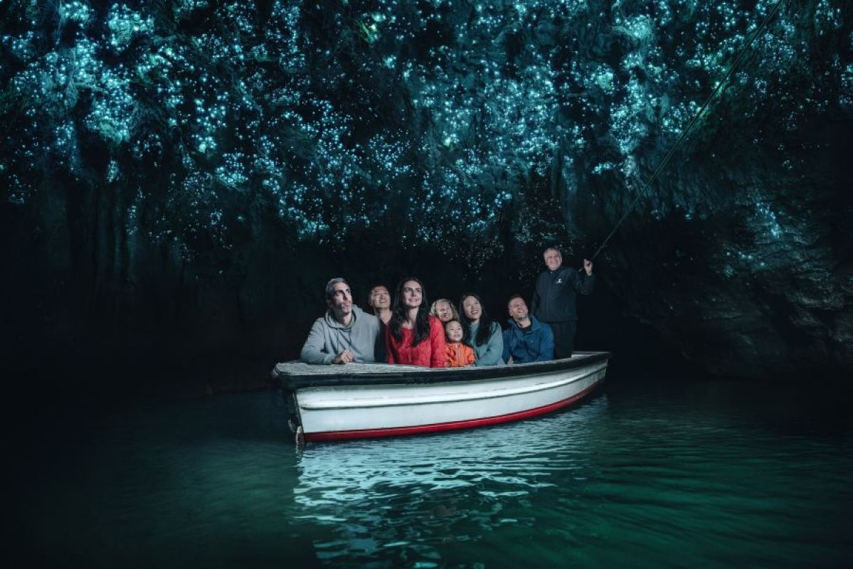 people boating in waitomo caves, looking at glow worms